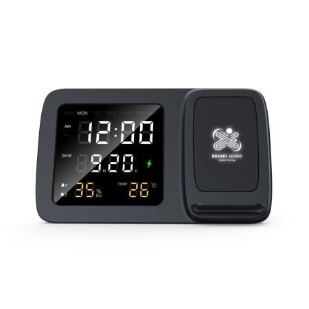 WIRELESS DIGICLOCK - Multifunctional Digital Clock with 15W Wireless Charger and Light-Up Logo