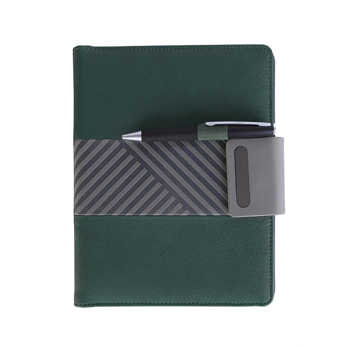 TRENDY WIRELESS PLUS GREEN – NFC-Enabled PU Notebook with 5000mAh Powerbank & Magnetic Branding Plate