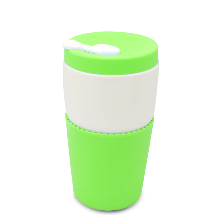 DOUBLE WALL MUG - 250ml Ceramic Travel Cup with Silicone Lid and Grip
