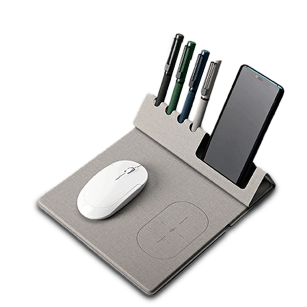 W-PAD ORGANIZER - 10W Fast Charging Wireless Mouse Pad with Bamboo Desktop Organizer